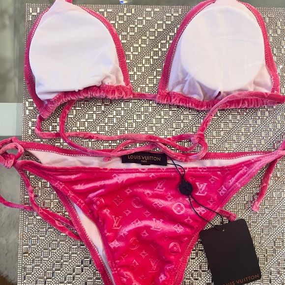 💗 LOUIS VUITTON Monogram LV Velvet Hot Pink Bikini & Skirt Swim Swimsuit NEW M - Picture 5 of 12